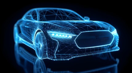 Front view of Sedan car wireframe in futuristic intersection technology concept, Futuristic AR car wireframe concept in blue theme, generative ai