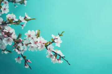 cherry blossom branches on turquoise blue background. Generative AI