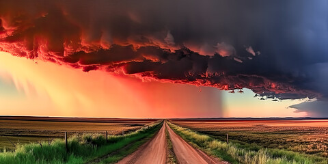 A Stunning landscape featuring an agricultural road was struck by a tornado and buffeted by strong winds, leaving its fate uncertain. - generative ai