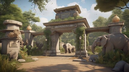 The safari-themed zoo entrance invites visitors to explore the wonders of the wild with a grand gateway adorned with tribal-inspired patterns and larger-than-life animal statues. Generated by AI.