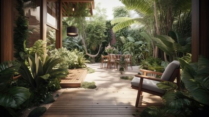 Ultrarealistic 8k Balinese-inspired patio immerses you in a tropical paradise with lush greenery, serene water features, and exotic decor. Generated by AI.