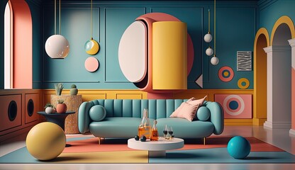 This postmodern living room showcases a bold and unconventional design, with a vibrant color palette, unconventional furniture pieces. Generated by AI.