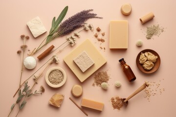 Fototapeta na wymiar Natural soap bars and ingredients on beige background - generative ai