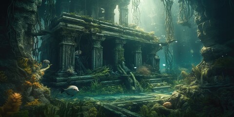 Underwater scene whit an old ancient temple - generative ai