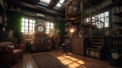 Step into a world of wonder and creativity with a Steampunk home library, where vintage and industrial aesthetics blend seamlessly. Generated by AI.