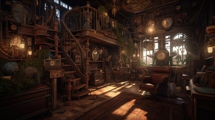 Steampunk library is a stunning work of art, where vintage accessories and intricate designs come together to create a world of imagination and adventure. Generated by AI.
