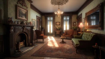 The Victorian parlor is a luxurious space with an ornate fireplace, plush velvet chairs. Generated by AI.