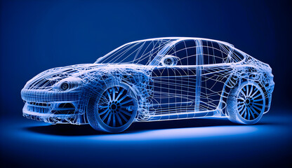 Fototapeta na wymiar Side view of futuristic ar car wireframe concept in blue theme, Augmented reality car wireframe concept, Modern technology concept with wireframe intersection, generative ai