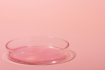 Liquid rose gold. Or a pink liquid with glitter. In a Petri dish. Laboratory research of cosmetics, gel, medicine. Chemistry