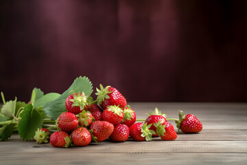 Bunch of fresh ripe strawberries scattered on rustic table, generative AI.