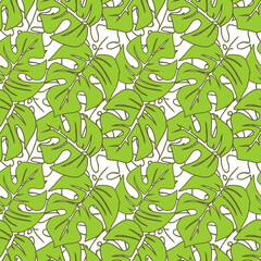seamless asymmetric pattern of green tropical leaves on a white background, texture, design