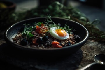 Plate with Nordic diet food on dark background. AI Generated.