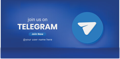 Join Us Telegram social media Banner, 3d modern logo with telegram icon. - obrazy, fototapety, plakaty