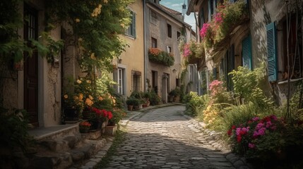Fototapeta na wymiar a cobblestone street with flowers growing on the side of it and a stone walkway between two buildings with shuttered windows and shutters. generative ai