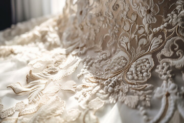 Close up of elegant flower embroidery on wedding dress. Generative AI illustration
