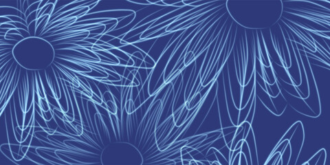 abstract background with flowers in blue and white, illustration of a 3d flower as wallpaper, background in floral design, silhouette of a bright flower on blue background