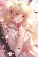 Obraz na płótnie Canvas Beautiful anime girl portrait in spring blooming garden with pink sakura flowers and petals created with Generative AI technology