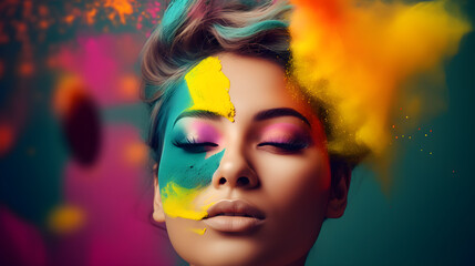 Portret of a woman with colorful powder - obrazy, fototapety, plakaty