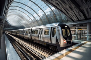 Fototapeta premium Modern Train Pulling into Busy City Station, Showcasing Aerodynamic Design and Engineering Marvel, Generated by AI