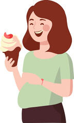 Happy fat woman holding a delicious ice cream, vector image isolate on white background. Relaxing woman eating an ice cream.