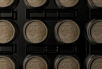 Stack of wooden wine barrels on black background.