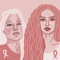 Two strong women. Pink badge ribbon on women chests. Healthcare, medicine and breast cancer awareness concept