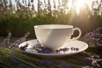Fototapeta premium Cup of Lavender tea with flowers. Generative AI illustration