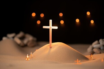 cross on the cross, wooden cross on the sand with small lights at night