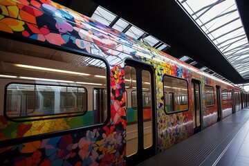 Obraz premium State-of-the-Art Train Arriving at Striking Train Station, Generated by AI