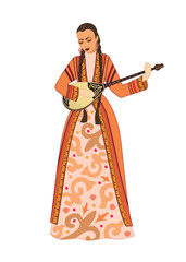 Vector illustration. A beautiful young woman in a Kazakh national costume plays a dombra musical instrument on the background of a yurt