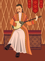 Vector illustration. A beautiful young woman in a Kazakh national costume plays a dombra musical instrument on the background of a yurt