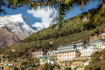 Houses in Namche bazar (3440m) with Kongde-ri in the background 