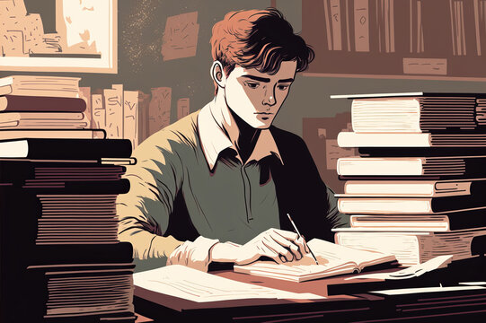 Illustration of a student sitting at his desk, fully focused and dedicated to his success. Shows the hard work and dedication needed to succeed as a student. Generative AI