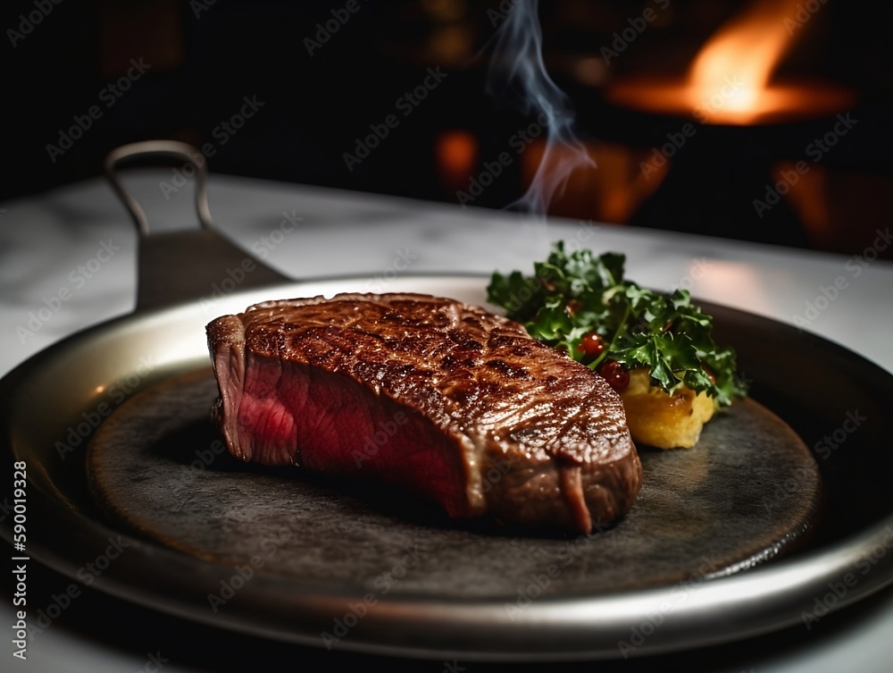 Sticker grilled steak on a black plate