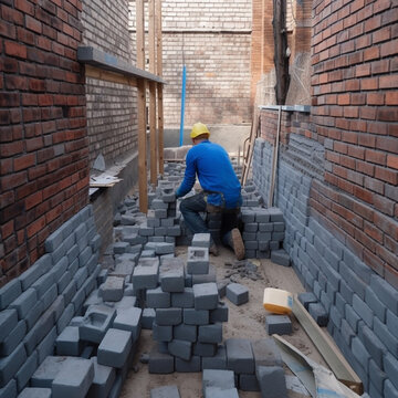 Working bricklayer lays out bricks, stands a wall, a man builds a house, ai generative	