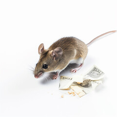 little cute mouse eats gnawed a dollar bill on a white background close-up, funny photos with animals, ai generative