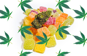 Medical Marijuana Edibles, Candies Infused with CBD HHC or THC Cannabis on white background with...