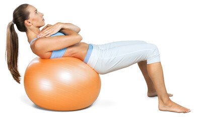 Young woman training with Fitness Ball on white background