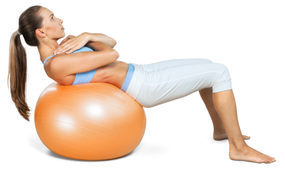 Young woman training with Fitness Ball on white background