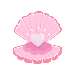 open seashell with heart, pearl. Vector Illustration for printing, backgrounds, covers and packaging. Image can be used for greeting cards, posters, stickers and textile. Isolated on white background.