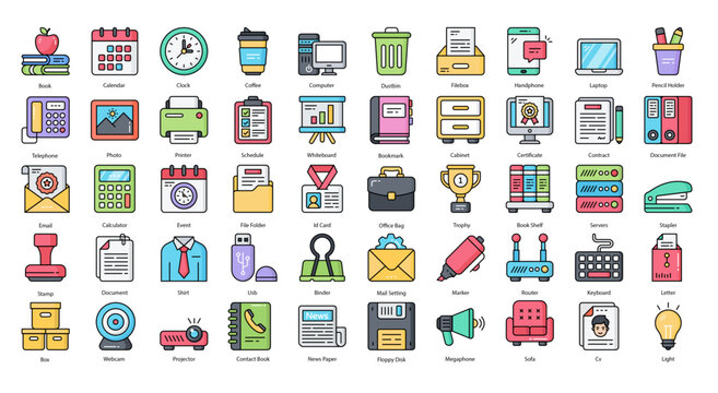 Office Elements Color Line Icons Job Workplace Icon Set in Filled Outline Style 50 Vector Icons
