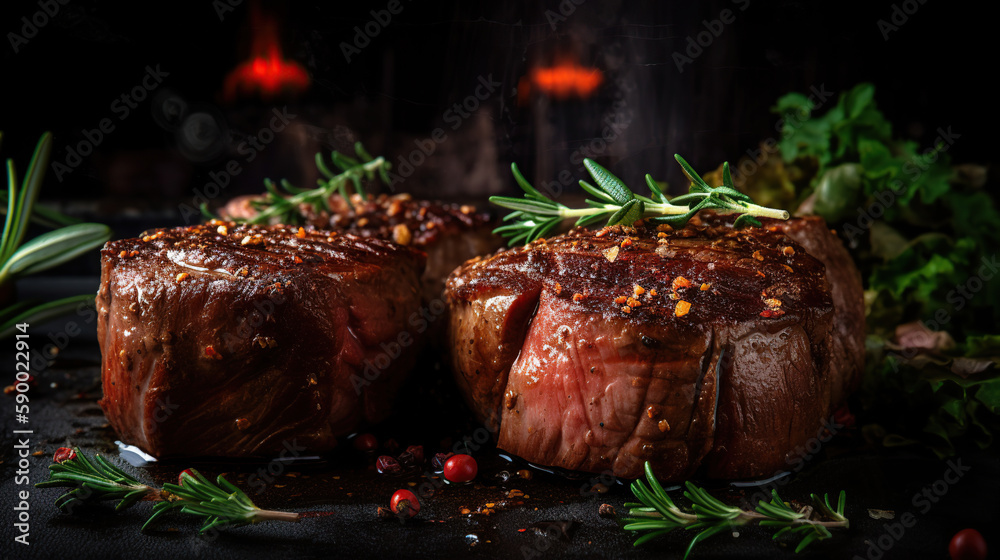 Wall mural grilled beef fillet steaks with herbs and spices on dark background. Generative Ai