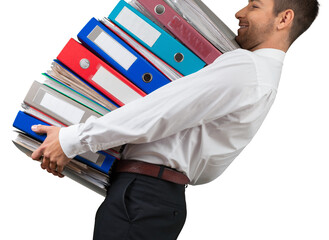 Man with stack of folders with documents on background