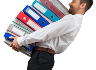 Man with stack of folders with documents on background