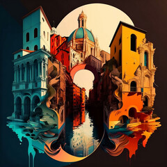 Vivid Hyper-Realistic Image Showcasing an Eclectic City space of Antique Baroque, Modernism, and Empire Styles in Saturated Colors. Generative AI