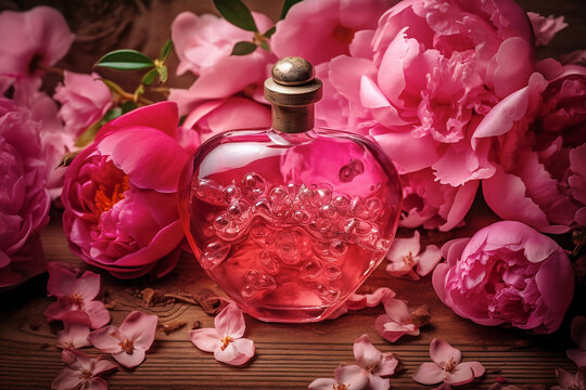 Red love potion perfume bottle surrounded by peony flowers. Generative AI illustration
