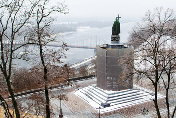Monument to Prince Volodymyr the Great in Kyiv on the slopes of the Dnieper River, surrounded by shields for protection during the Russian aggression