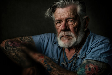 Obraz premium hipster chic portrait of heartcore old tattooed man in pastel colours on dark background,generative ai.