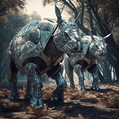 Fototapeta premium Robotic rhinos, savana, futuristic, nature, scify, generative AI