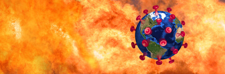 3D rendering of  virus disguised as a globe with a fiery background